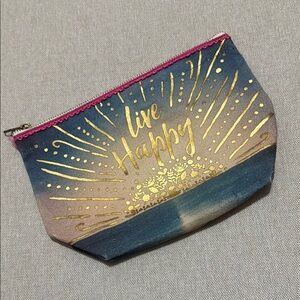 Cotton ZipTop Pouch “Live Happy” on Both Sides-EUC-Blue/Cream/Pink